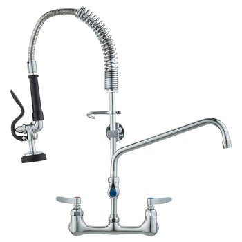 Wall-Mounted Kitchen Faucet, 25" Tall, 8" Center Distance, 12" Rotatable Spout, Includes Pre-Rinse Spray, Brass Build, Pull-Down Feature, Suitable for Multi-Compartment Sinks