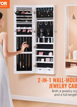 Mirror Jewelry Cabinet, 47.05-Inch Tall Lockable Jewelry Cabinet Armoire with Full-Length Mirror, Wall or Door Mounted Jewelry Mirror Organizer with LED Interior Lights and Velvet Lining, White