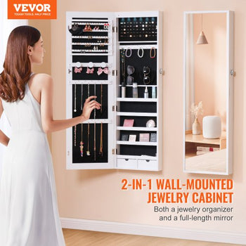 Mirror Jewelry Cabinet, 47.05-Inch Tall Lockable Jewelry Cabinet Armoire with Full-Length Mirror, Wall or Door Mounted Jewelry Mirror Organizer with LED Interior Lights and Velvet Lining, White