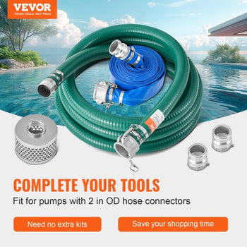Suction Hose Kit for Water Pump, with 2 in x 50 ft Blue Backwash Hose, 20 ft Green Suction Hose, and Steel Round Hole Strainer, Camlocks, Clamps, Cam & Groove Adapter, for Multiple Purposes