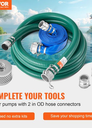 Suction Hose Kit for Water Pump, with 2 in x 65 ft Blue Backwash Hose, 20 ft Green Suction Hose, and Steel Round Hole Strainer, Camlocks, Clamps, Cam & Groove Adapter, for Multiple Purposes