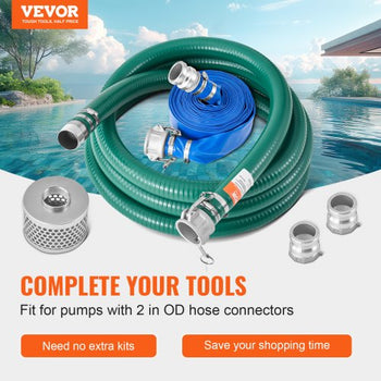 Suction Hose Kit for Water Pump, with 2 in x 65 ft Blue Backwash Hose, 20 ft Green Suction Hose, and Steel Round Hole Strainer, Camlocks, Clamps, Cam & Groove Adapter, for Multiple Purposes