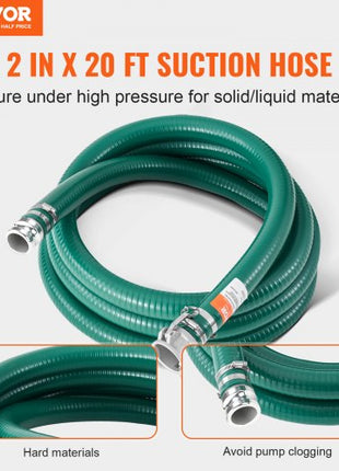 Suction Hose, 2 in x 20 ft, Green High Quality Hose, with Camlock Connectors, and Aluminum Fittings, Fit Various Pumps, for Sewage Treatment, Water Transportation and More Agricultural Purposes