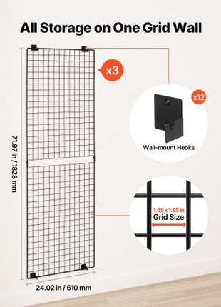 3 Packs Grid Wall Panels, 2 x 6 ft Wire Grid Panels Display Rack, Wall-Mounted Art Display Shelf, Black Carbon Steel Wall Hanging Gridwall for Craft Show, Decoration, Storage, Notice Board