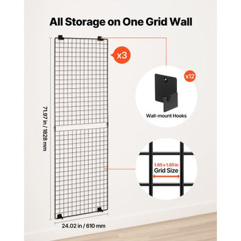 3 Packs Grid Wall Panels, 2 x 6 ft Wire Grid Panels Display Rack, Wall-Mounted Art Display Shelf, Black Carbon Steel Wall Hanging Gridwall for Craft Show, Decoration, Storage, Notice Board