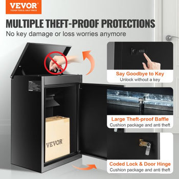 Package Delivery Boxes for Outside 15.4" x 10.6" x 20.5", Galvanized Steel Wall Mount Mailbox with Coded Lock, Anti-Theft Baffle, IPX3 Waterproof Lockable Large Mail Box for Porch, Curbside