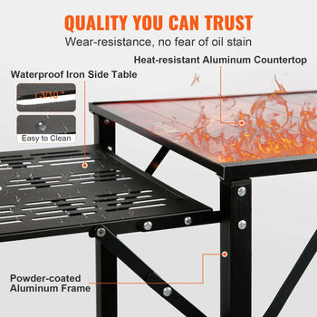 Waterproof iron side table with heat-resistant aluminum countertop, black powder-coated frame, and easy-to-clean surface.