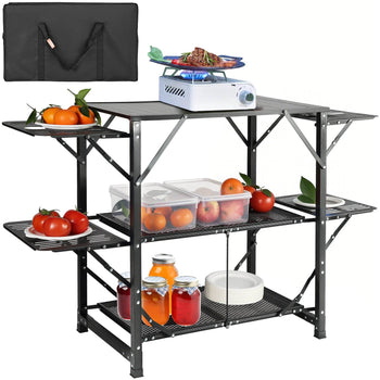 Black folding kitchen prep table with three shelves, portable design, ideal for outdoor cooking and food preparation.