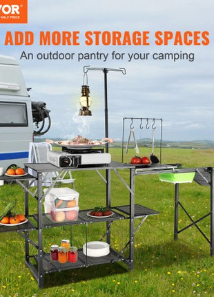 Camping Kitchen Table, One-piece Folding Portable Cook Station with A Carrying Bag, Long Aluminum Camping Table 3 Side Tables, 2 Shelves & A Detachable Sink for Outdoor Picnics, BBQs, Camping