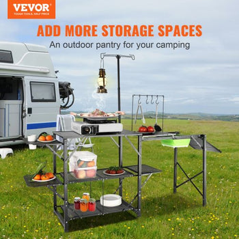 Camping Kitchen Table, One-piece Folding Portable Cook Station with A Carrying Bag, Long Aluminum Camping Table 3 Side Tables, 2 Shelves & A Detachable Sink for Outdoor Picnics, BBQs, Camping