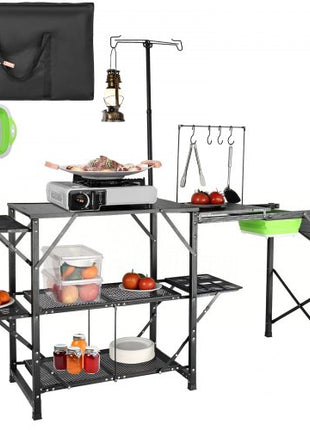 Camping Kitchen Table, One-piece Folding Portable Cook Station with A Carrying Bag, Long Aluminum Camping Table 3 Side Tables, 2 Shelves & A Detachable Sink for Outdoor Picnics, BBQs, Camping