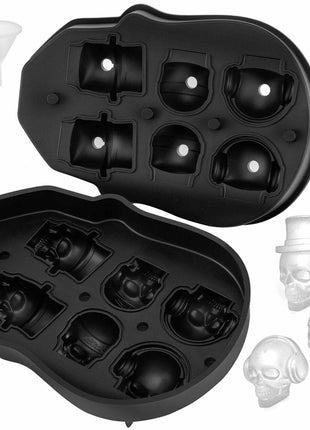 Skull Ice Cube Tray, 6-Grid Skull Ice Ball Maker, Flexible Black Silicone Ice Tray with Lid & Funnel, Skull Ice Cubes in 3 Distinct Patterns for Beverages & Chocolates on Parties & Holidays