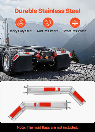 Stainless Steel Angled Spring Loaded Mud Flap Hangers, 2-1/2" Bolt Spacing Mudflap Hangers for Semi Trucks, 1 Pair Heavy Duty Semi Truck Mud Flap Hanger Set with Reflective Strips, Silver