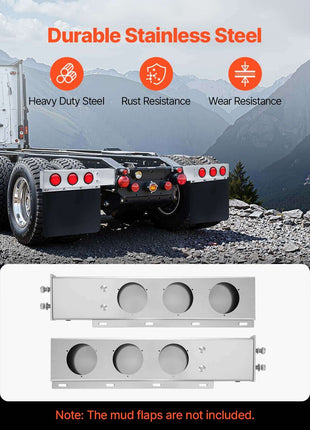 Stainless Steel Mud Flap Hangers with Light Cutouts, 2-1/2" Bolt Spacing, Spring Loaded Mudflap Hangers for Semi Trucks, 1 Pair Heavy Duty Semi Truck Mud Flap Hanger Set, Silver