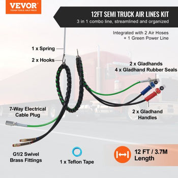 15FT Semi Truck Air Lines Kit with 2PCS Glad Hands, 3-in-1 Air Hoses & 7 Way ABS Electric Power Line, with 2PCS Gladhand Handles, 4PCS Seals and Tender Spring Kit for Semi Truck Trailer Tractor