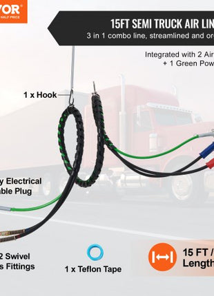 12FT Semi Truck Air Lines Kit, 3-in-1 Air Hoses & ABS Power Line for Semi Truck Trailer Tractor, 7-Way Plug Electrical Cord Cable and Rubber Air Lines Hose Assembly Kit with Hook & Teflon Tape