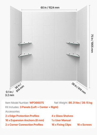 Shower Wall Panels, 60" W x 36" D x 75" H, 0.14" (3.5 mm) Thick, 3-Panel Waterproof SMC Shower Surround Kit, Quick Install and Trimmable Bathroom Tub Wall Panel Surround Kit with 4 Glass Shelves