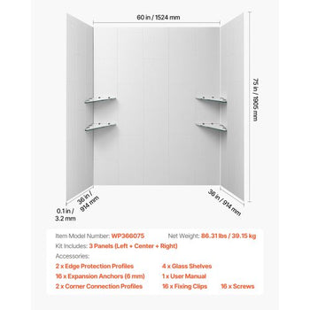 Shower Wall Panels, 60" W x 36" D x 75" H, 0.14" (3.5 mm) Thick, 3-Panel Waterproof SMC Shower Surround Kit, Quick Install and Trimmable Bathroom Tub Wall Panel Surround Kit with 4 Glass Shelves