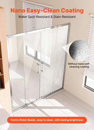 Semi-frameless Shower Door, 57.8-59 W x 70 H in, Double Sliding Glass Door with 1/4 in(6mm) Clear Tempered Glass, Waterproof Shatterproof NANO Stainproof with Stainless Steel Hardware, Chrome