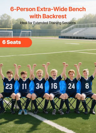 Portable Folding Bench, 6 Seat Foldable Soccer Bench with Side Pockets and Carrying Bag, Lightweight Sideline Seating with Back Rest for Football, Baseball, Camping, Outdoor Events, Blue