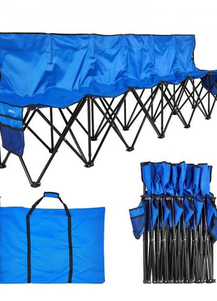 Portable Folding Bench, 6 Seat Foldable Soccer Bench with Side Pockets and Carrying Bag, Lightweight Sideline Seating with Back Rest for Football, Baseball, Camping, Outdoor Events, Blue