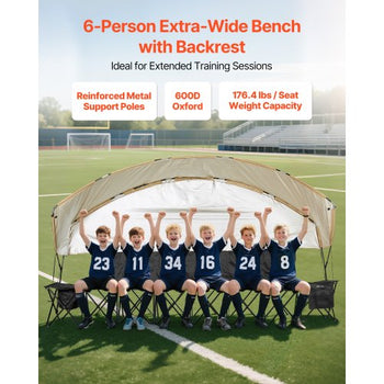 Portable Folding Bench, 6 Seat Soccer Bench with Storage Pockets Cup Holders & Carrying Bag, Lightweight Sideline Seating with Sunshade for Football, Baseball, Camping, Outdoor Events, Black