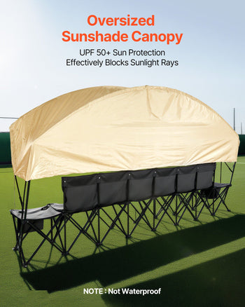 Portable Folding Bench, 6 Seat Soccer Bench with Storage Pockets Cup Holders & Carrying Bag, Lightweight Sideline Seating with Sunshade for Football, Baseball, Camping, Outdoor Events, Black