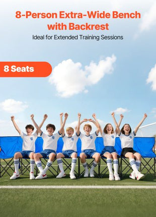 Portable Folding Bench, 8 Seat Foldable Soccer Bench with Side Pockets and Carrying Bag, Lightweight Sideline Seating with Back Rest for Football, Baseball, Camping, Outdoor Events, Blue
