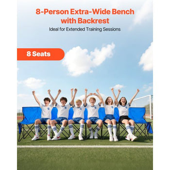 Portable Folding Bench, 8 Seat Foldable Soccer Bench with Side Pockets and Carrying Bag, Lightweight Sideline Seating with Back Rest for Football, Baseball, Camping, Outdoor Events, Blue