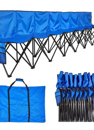 Portable Folding Bench, 8 Seat Foldable Soccer Bench with Side Pockets and Carrying Bag, Lightweight Sideline Seating with Back Rest for Football, Baseball, Camping, Outdoor Events, Blue
