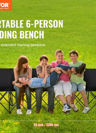 Portable Folding Bench, 6 Seat Foldable Soccer Bench with Side Pockets and Carrying Bag, Lightweight Sideline Seating with Back Rest for Football, Baseball, Camping, Outdoor Events, Black