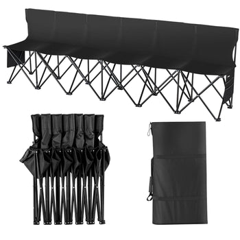 Portable Folding Bench, 6 Seat Foldable Soccer Bench with Side Pockets and Carrying Bag, Lightweight Sideline Seating with Back Rest for Football, Baseball, Camping, Outdoor Events, Black