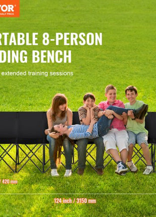 Portable Folding Bench, 8 Seat Foldable Soccer Bench with Side Pockets and Carrying Bag, Lightweight Sideline Seating with Back Rest for Football, Baseball, Camping, Outdoor Events, Black