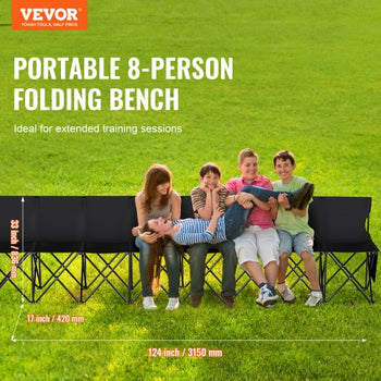 Portable Folding Bench, 8 Seat Foldable Soccer Bench with Side Pockets and Carrying Bag, Lightweight Sideline Seating with Back Rest for Football, Baseball, Camping, Outdoor Events, Black