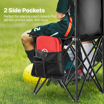 Portable Folding Bench, 8 Seat Foldable Soccer Bench with Side Pockets and Carrying Bag, Lightweight Sideline Seating with Back Rest for Football, Baseball, Camping, Outdoor Events, Black