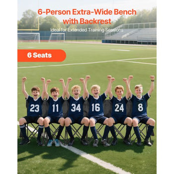 Portable Folding Bench, 6 Seat Soccer Bench with Multiple Storage Pockets & Carrying Bag, Lightweight Sideline Seating with Back Rest for Football, Baseball, Camping, Outdoor Events, Black