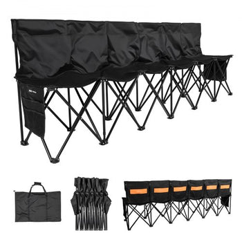 Portable Folding Bench, 6 Seat Soccer Bench with Multiple Storage Pockets & Carrying Bag, Lightweight Sideline Seating with Back Rest for Football, Baseball, Camping, Outdoor Events, Black