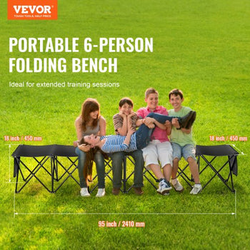 Portable Folding Bench, 6 Seat Foldable Soccer Bench with Side Pockets and Carrying Bag, Lightweight 600D Oxford Fabric Sideline Seating, for Football, Baseball, Camping, Outdoor Events, Black