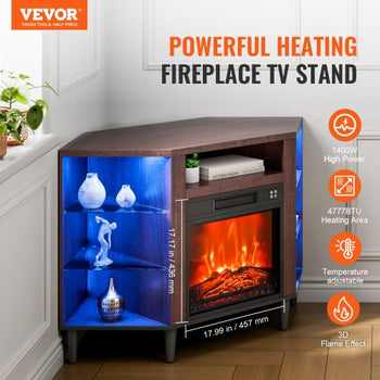 Electric Fireplace TV Stand, Corner TV Stand for TVs up to 50", Corner Console with 18" Fireplace, Vintage Design, 20 LED Lights, Remote Control & Timer for Living Room, Brown