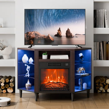 Electric Fireplace TV Stand, Corner TV Stand for TVs up to 50", Corner Console with 18" Fireplace, Vintage Design, 20 LED Lights, Remote Control & Timer for Living Room, Brown