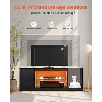 TV Stand for TVs up to 65 inch, Modern Entertainment Center with Light Strip, Wooden TV Cabinet Storage with Glass Shelf and Adjustable Shelves, Console Table for Living Room and Bedroom, Black