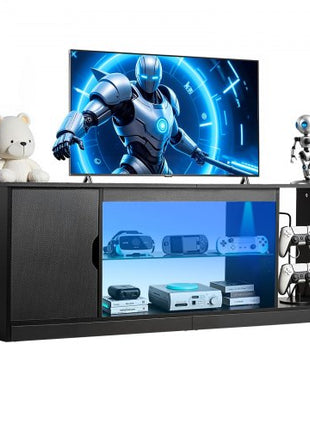 TV Stand for TVs up to 65 inch, Modern Entertainment Center with Light Strip, Wooden TV Cabinet Storage with Glass Shelf and Adjustable Shelves, Console Table for Living Room and Bedroom, Black