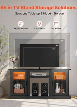 TV Stand for TVs up to 65 inch, Modern Entertainment Center with Light Strip, Wooden TV Cabinet Storage with Glass Doors and Adjustable Shelves, Console Table for Living Room and Bedroom, Black