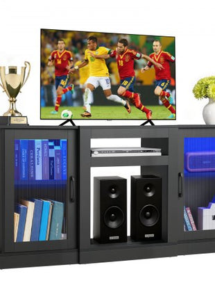 TV Stand for TVs up to 65 inch, Modern Entertainment Center with Light Strip, Wooden TV Cabinet Storage with Glass Doors and Adjustable Shelves, Console Table for Living Room and Bedroom, Black