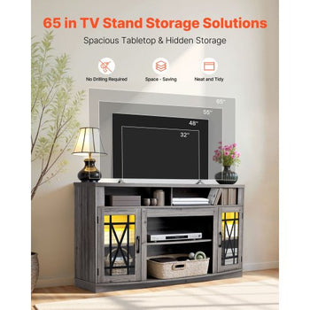 TV Stand for TVs up to 65 inch, Farmhouse Entertainment Center with Light Strip, Wooden TV Cabinet Storage with Glass Doors and Adjustable Shelves, Console Table for Living Room, Bedroom, Gray