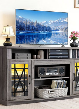 TV Stand for TVs up to 65 inch, Farmhouse Entertainment Center with Light Strip, Wooden TV Cabinet Storage with Glass Doors and Adjustable Shelves, Console Table for Living Room, Bedroom, Gray