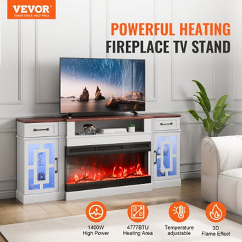 80" Fireplace TV Stand, Media Storage Corner with 36" Fireplace, Storage Drawers & Cabinets, Vintage TV Console Table with 20 LED Lights, Remote Control & Timer for Living Room, Brown & White