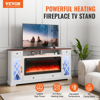 80" Fireplace TV Stand, Media Storage Corner with 42" Fireplace, Storage Drawers & Cabinets, Pastoral TV Console Table with 20 LED Lights, Remote Control & Timer for Living Room, Brown + White