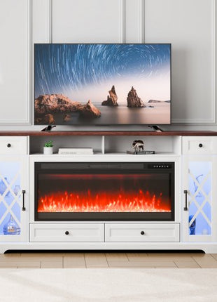 80" Fireplace TV Stand, Media Storage Corner with 42" Fireplace, Storage Drawers & Cabinets, Pastoral TV Console Table with 20 LED Lights, Remote Control & Timer for Living Room, Brown + White