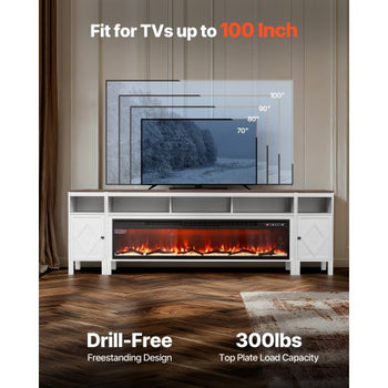 Fireplace TV Stand, Farmhouse Fireplace TV Stand for TVs up to 100 inch, Farmhouse Entertainment Center with 60 inch Fireplace & Storage Drawers for Living Room Bedroom, Remote Control, White